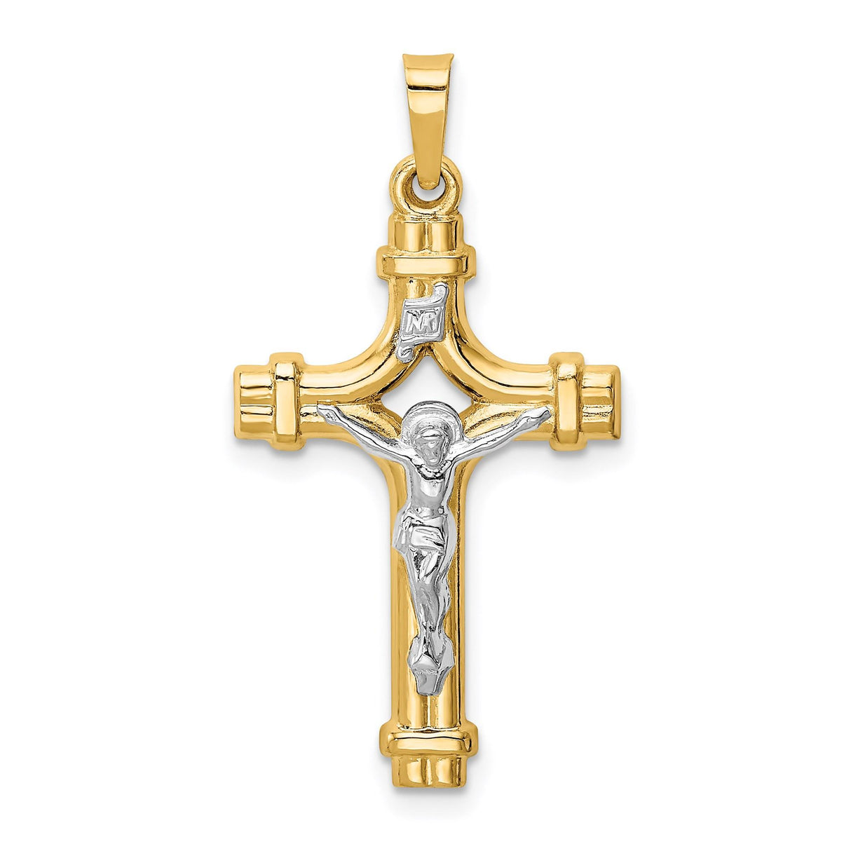 14k Two-Tone Gold Crucifix Pendant, Latin INRI Cross Charm with Jesus, Religious Jewelry for Men and Women
