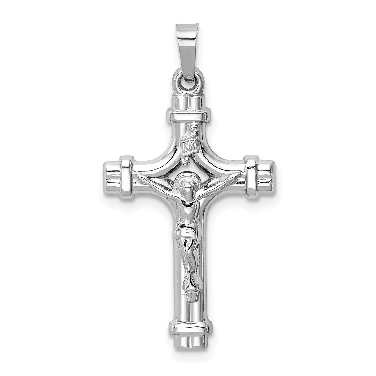 14k White Gold Crucifix Pendant with Sculpted Jesus and INRI Cross Design
