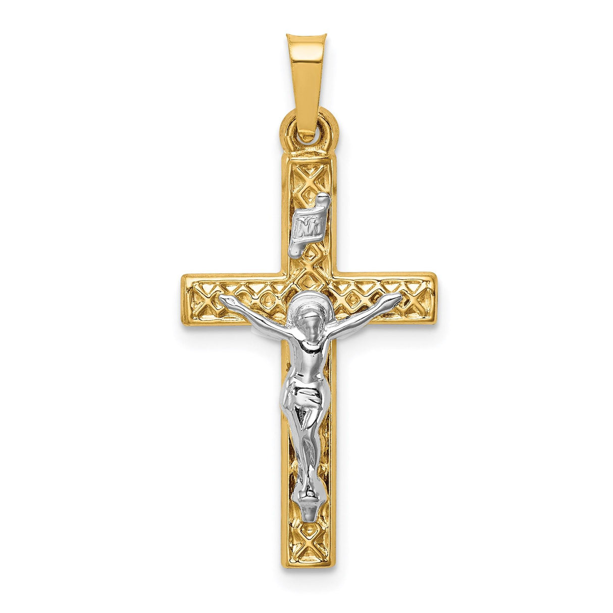 14k Multi-Tone Gold Crucifix Cross Pendant with INRI Plaque for Men and Women