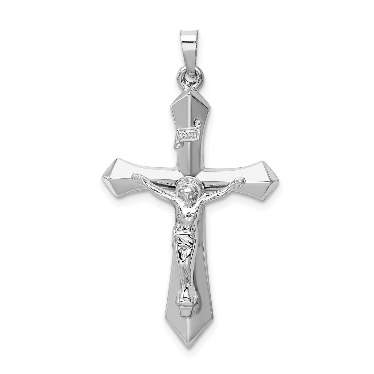 14k White Gold Crucifix Cross Pendant with Raised Jesus and INRI Design