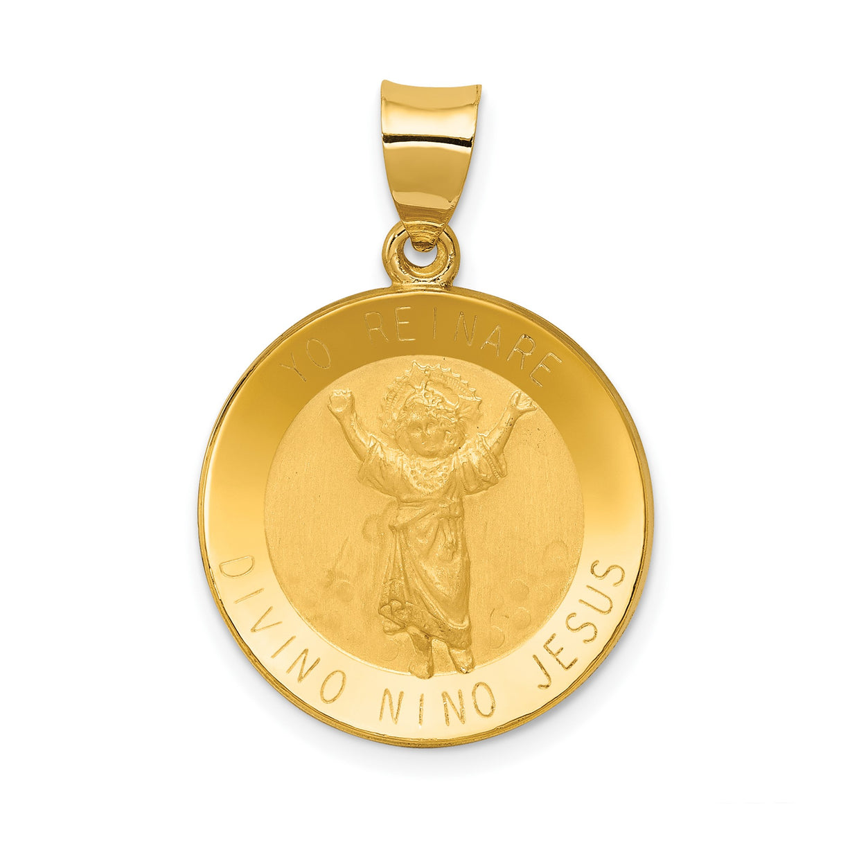 14k Yellow Gold Pendant with Divino Niño Jesus and Yo Reinare Inscription Christian Medal Charm
