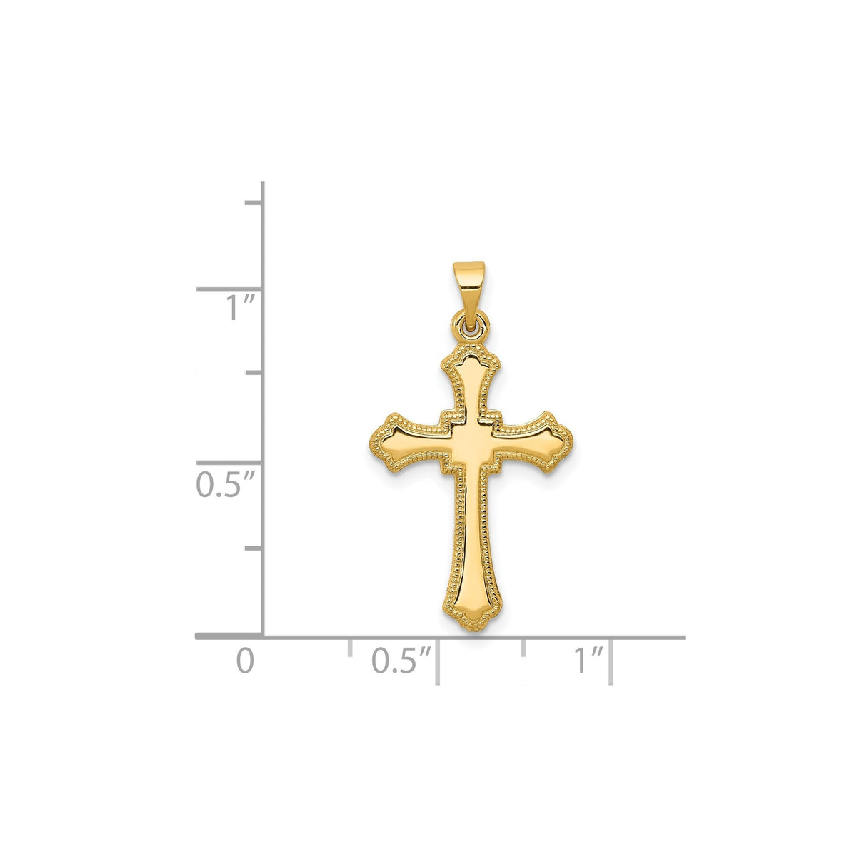 14k Yellow Gold Cross Pendant with Flared Edges and Beaded Fleur Design for Women