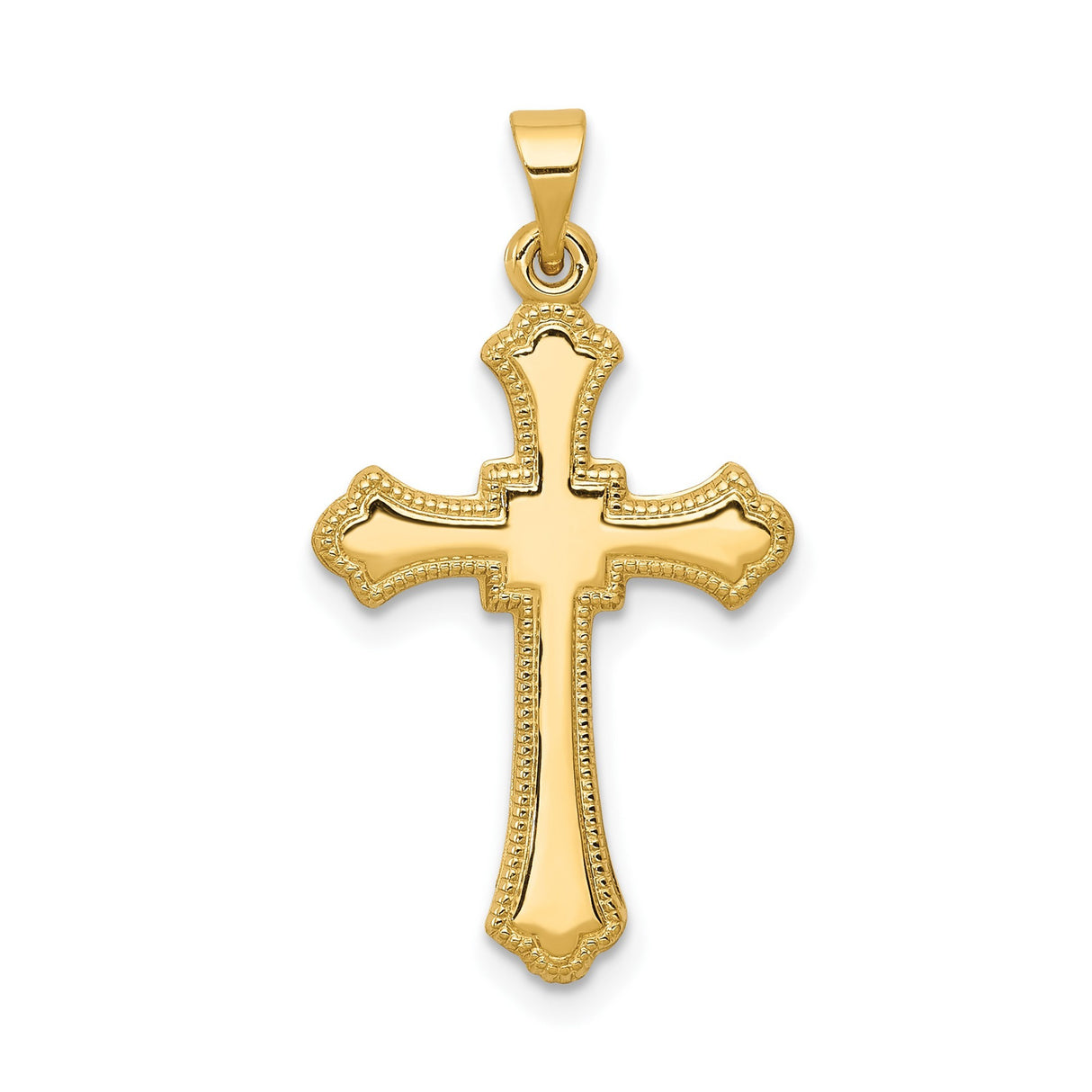 14k Yellow Gold Cross Pendant with Flared Edges and Beaded Fleur Design for Women