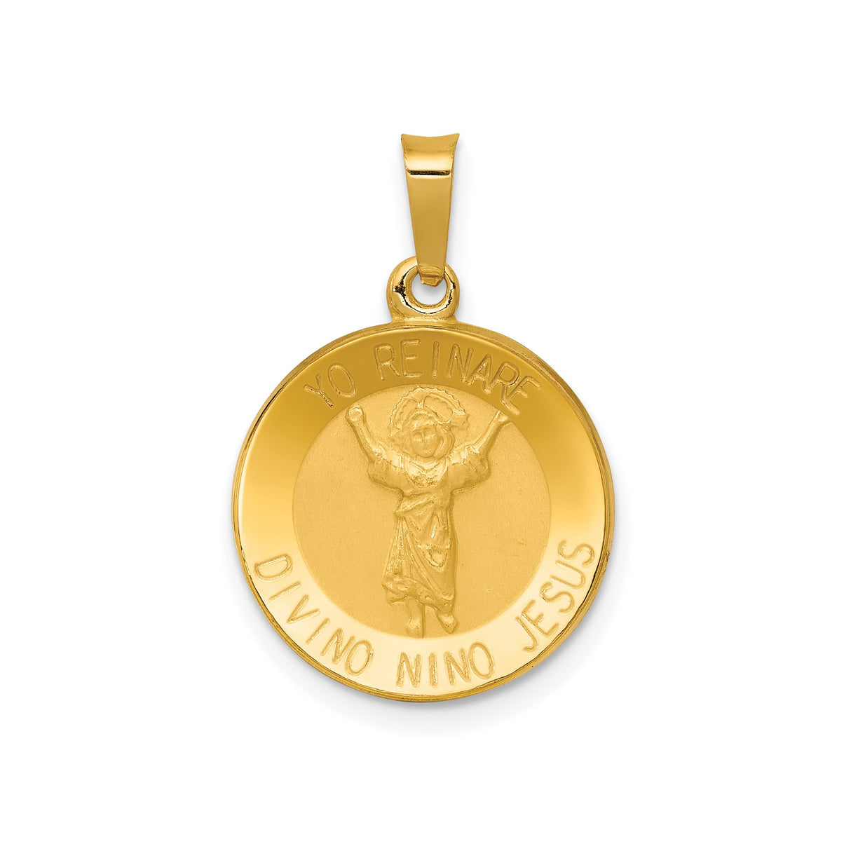 14k Yellow Gold Pendant with Yo Reinare Divino Niño Jesus Inscription, Catholic Medal