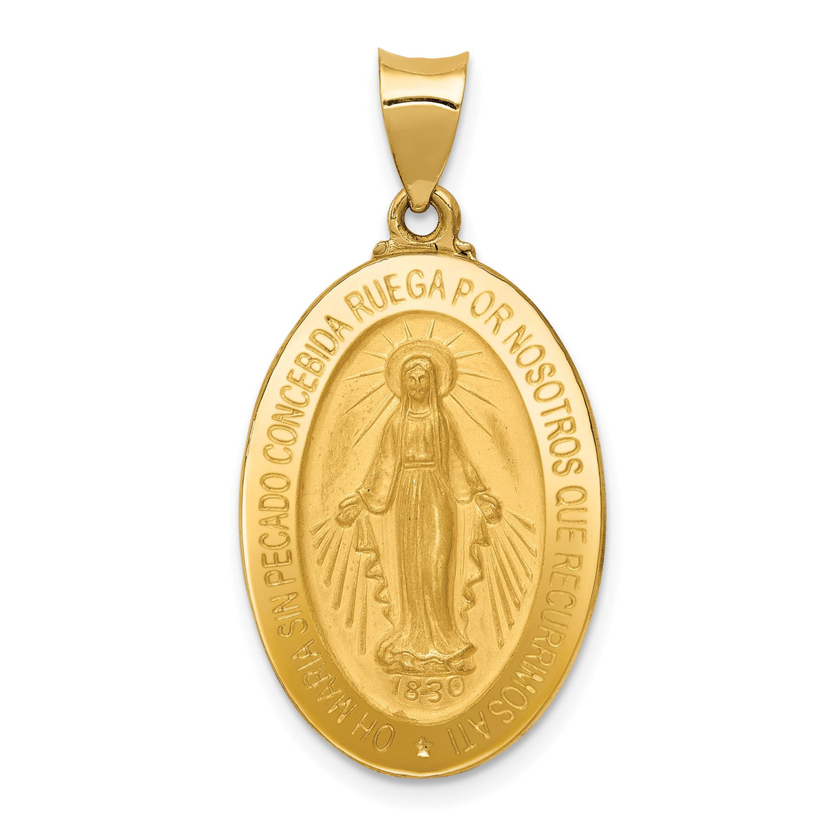 14k Yellow Gold Virgin Mary Pendant with Spanish Inscription, Religious Oval Medal