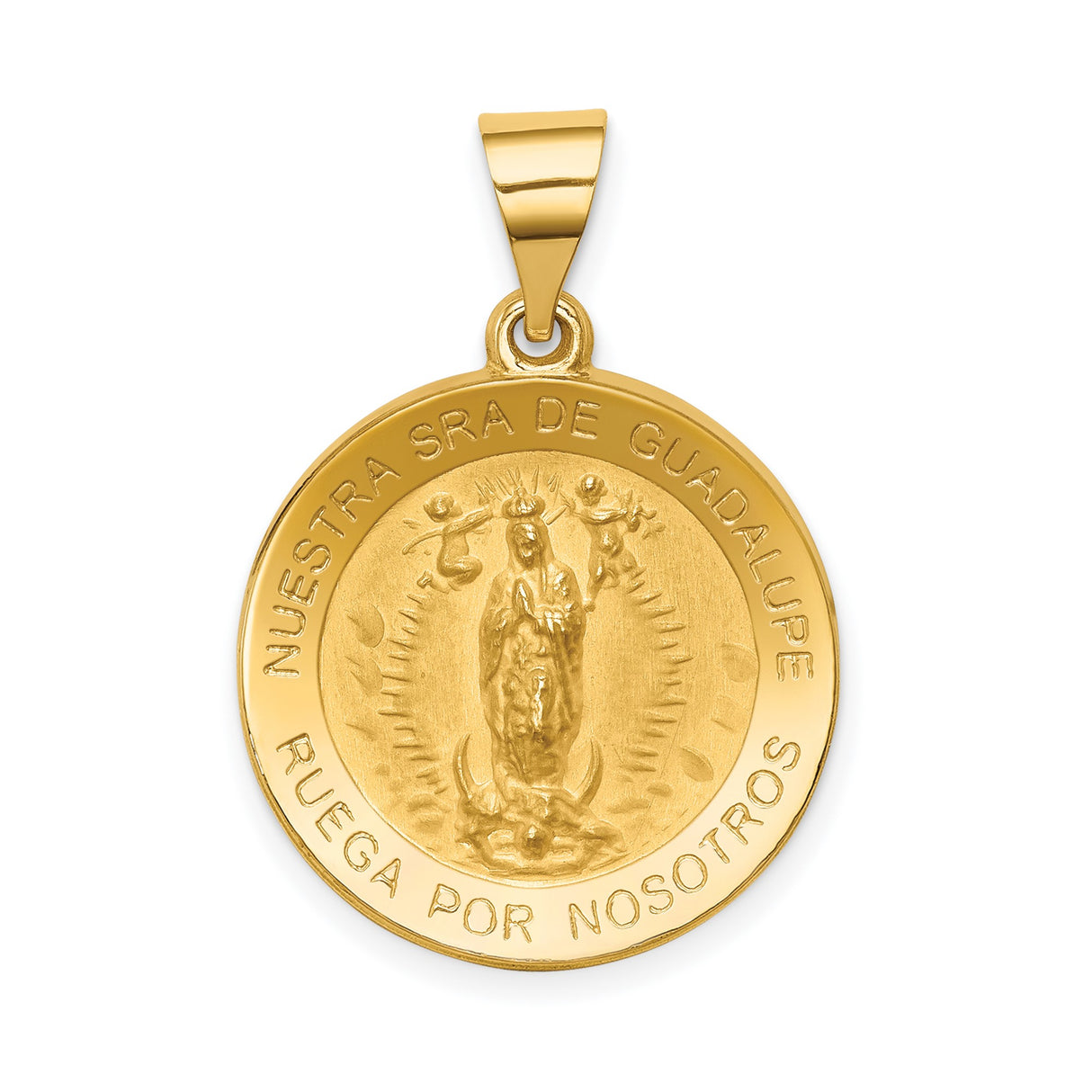 14k Yellow Gold Pendant, Our Lady of Guadalupe with Spanish Inscription, Catholic Medal