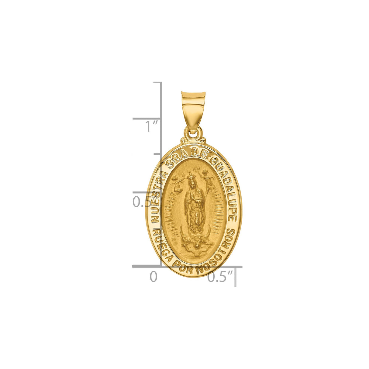 14k Yellow Gold Our Lady of Guadalupe Pendant, Oval Catholic Medal with Ruega Por Nosotros Text
