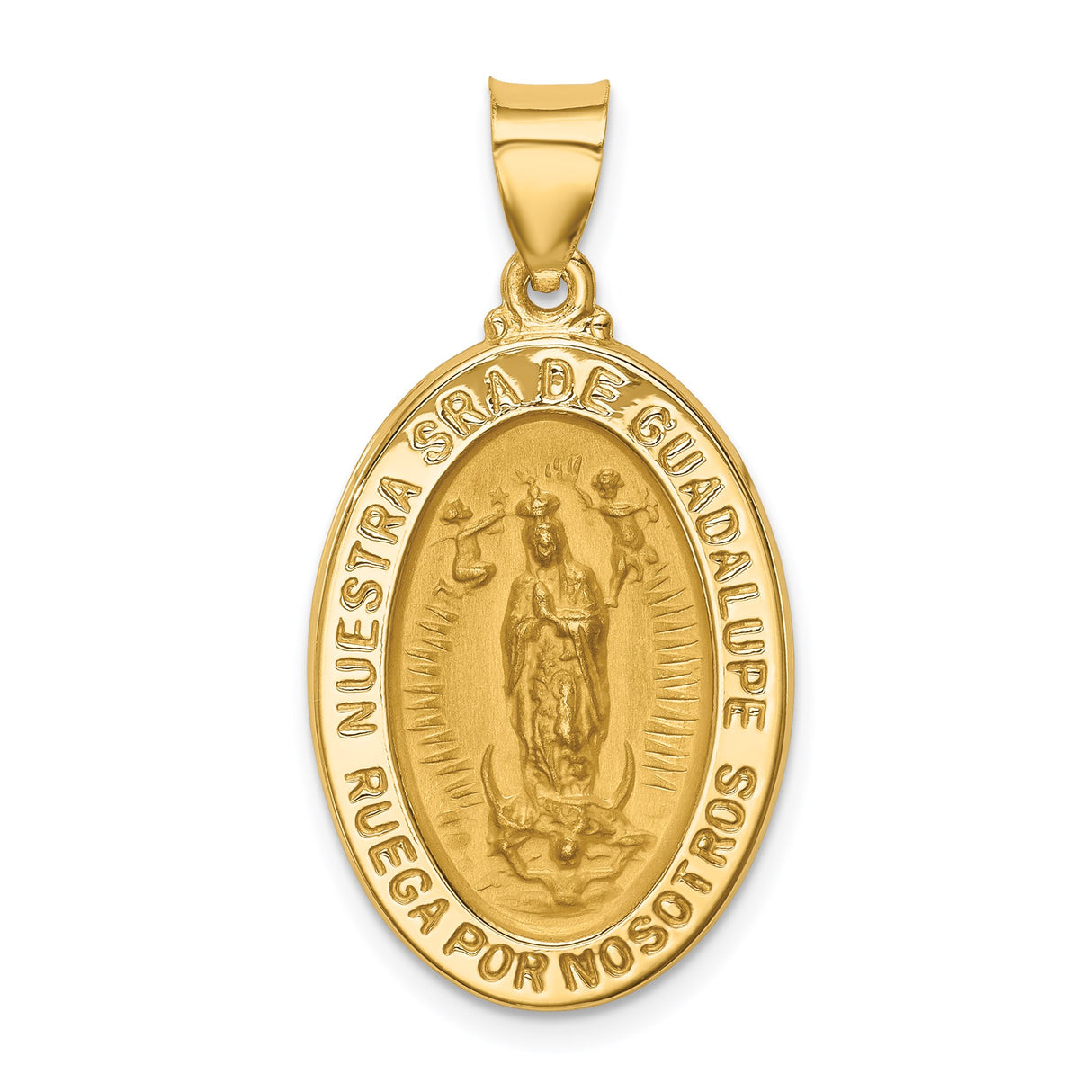 14k Yellow Gold Our Lady of Guadalupe Pendant, Oval Catholic Medal with Ruega Por Nosotros Text