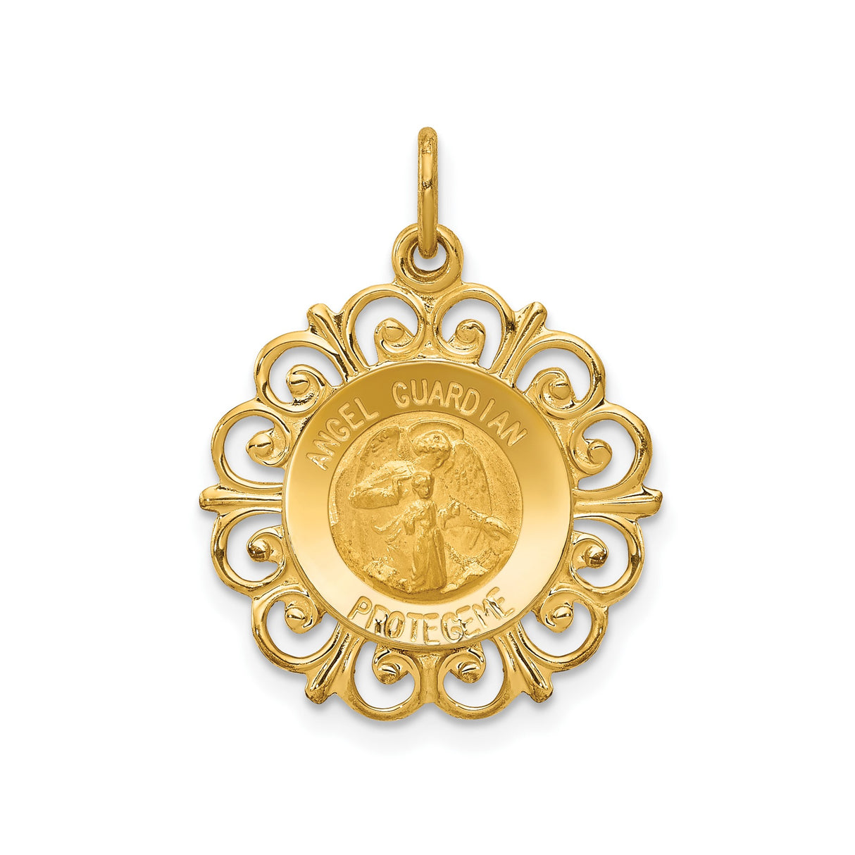 14k Yellow Gold Guardian Angel Medal Pendant with Filigree Edges and Spanish Engraving