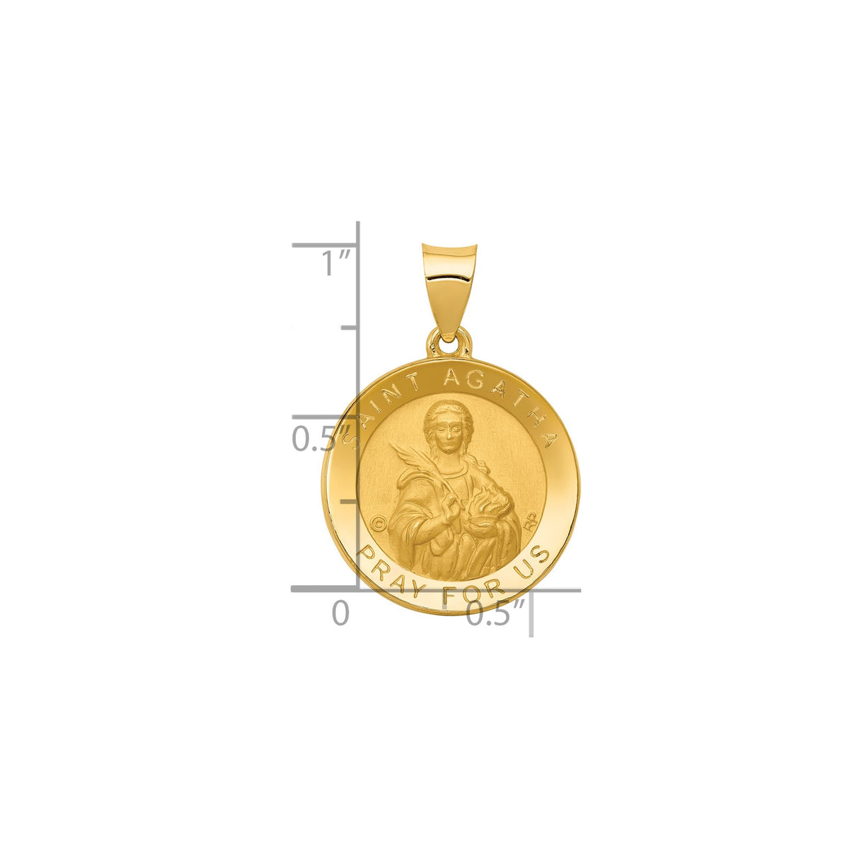 14k Yellow Gold Saint Agatha Pendant, Round Catholic Medal with Inscription for Women