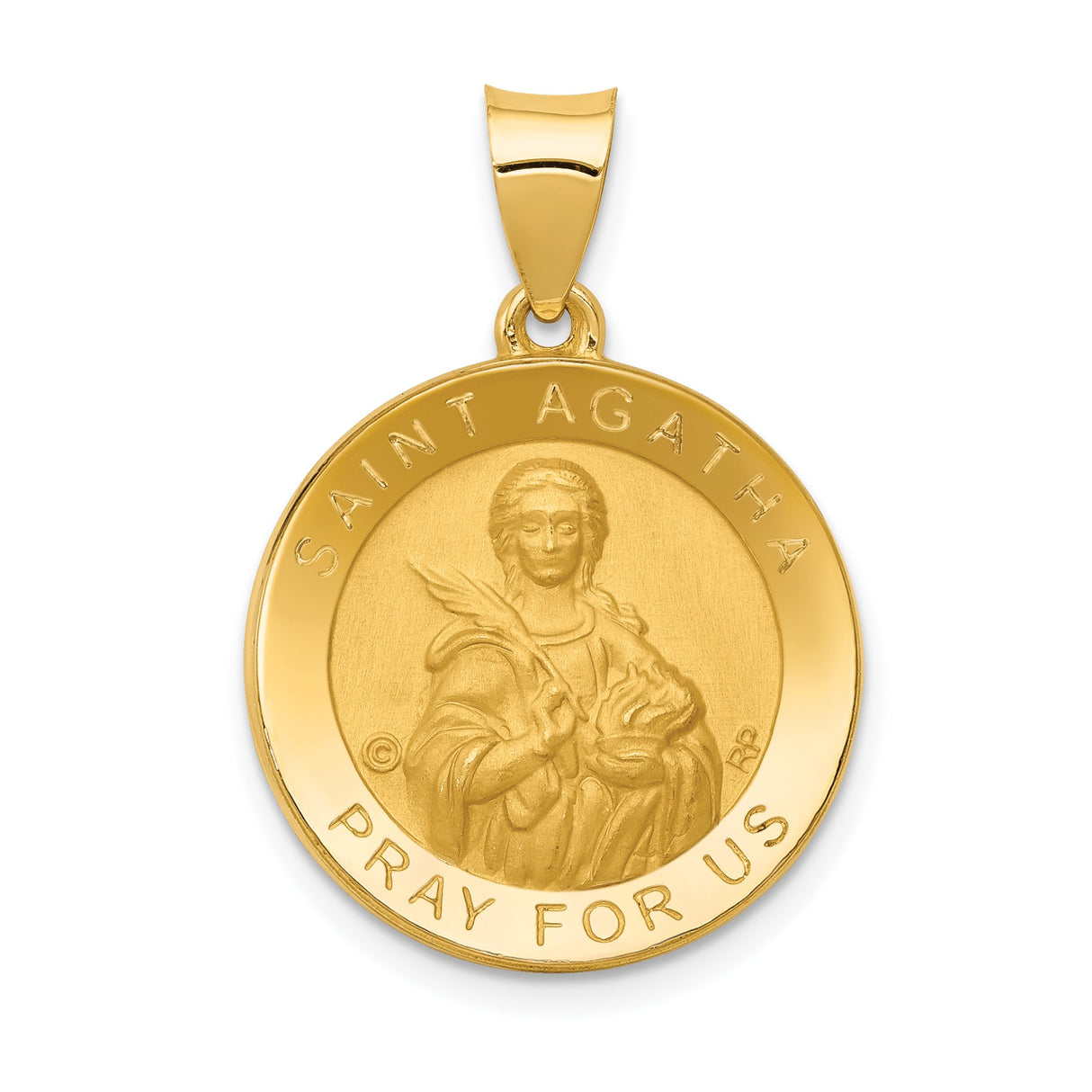 14k Yellow Gold Saint Agatha Pendant, Round Catholic Medal with Inscription for Women