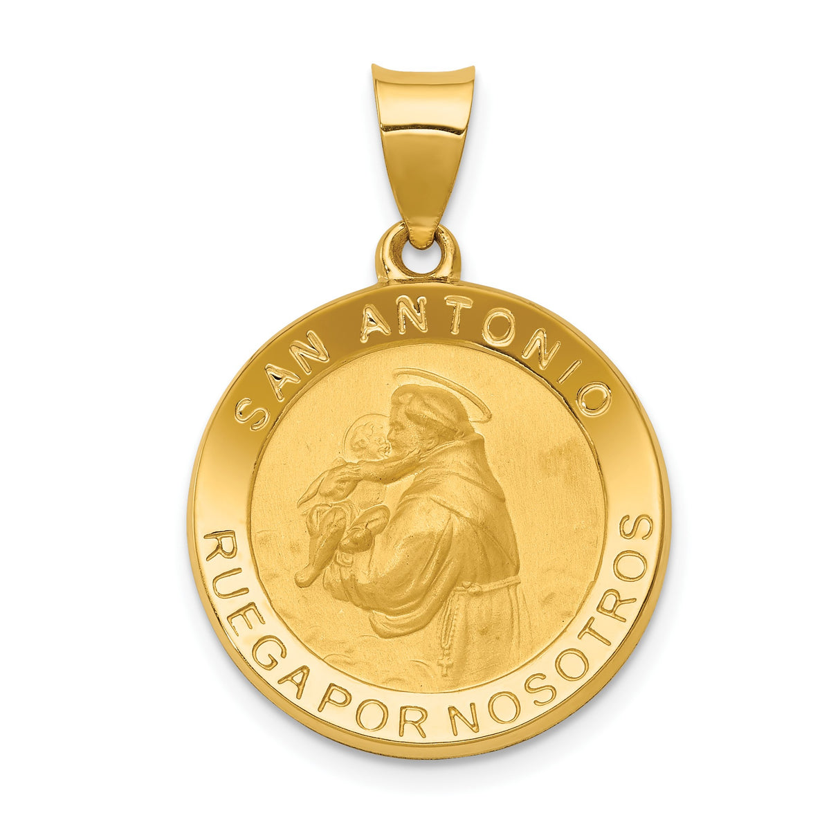 14k Yellow Gold Saint Anthony Medallion Pendant with Baby Jesus Relief and Spanish Inscription