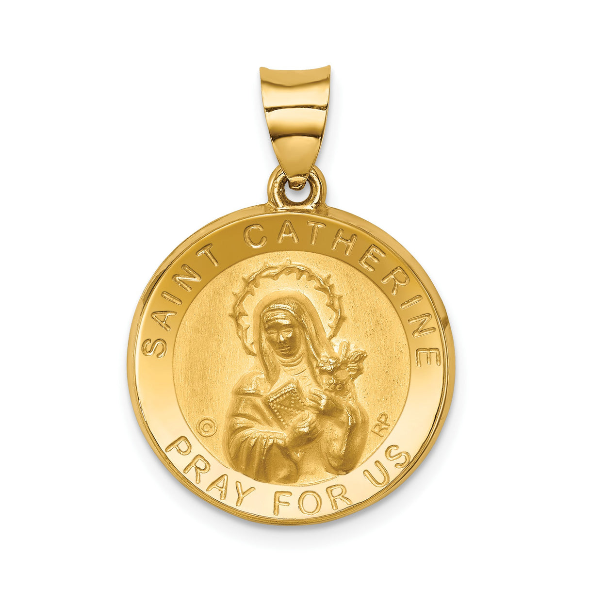 14k Yellow Gold Saint Catherine Pendant Medal with Halo and Book Engraving