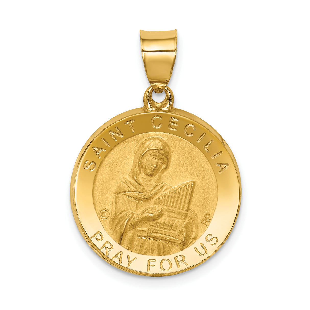 14k Yellow Gold Saint Cecilia Medal Pendant with Pipe Organ and Inscription