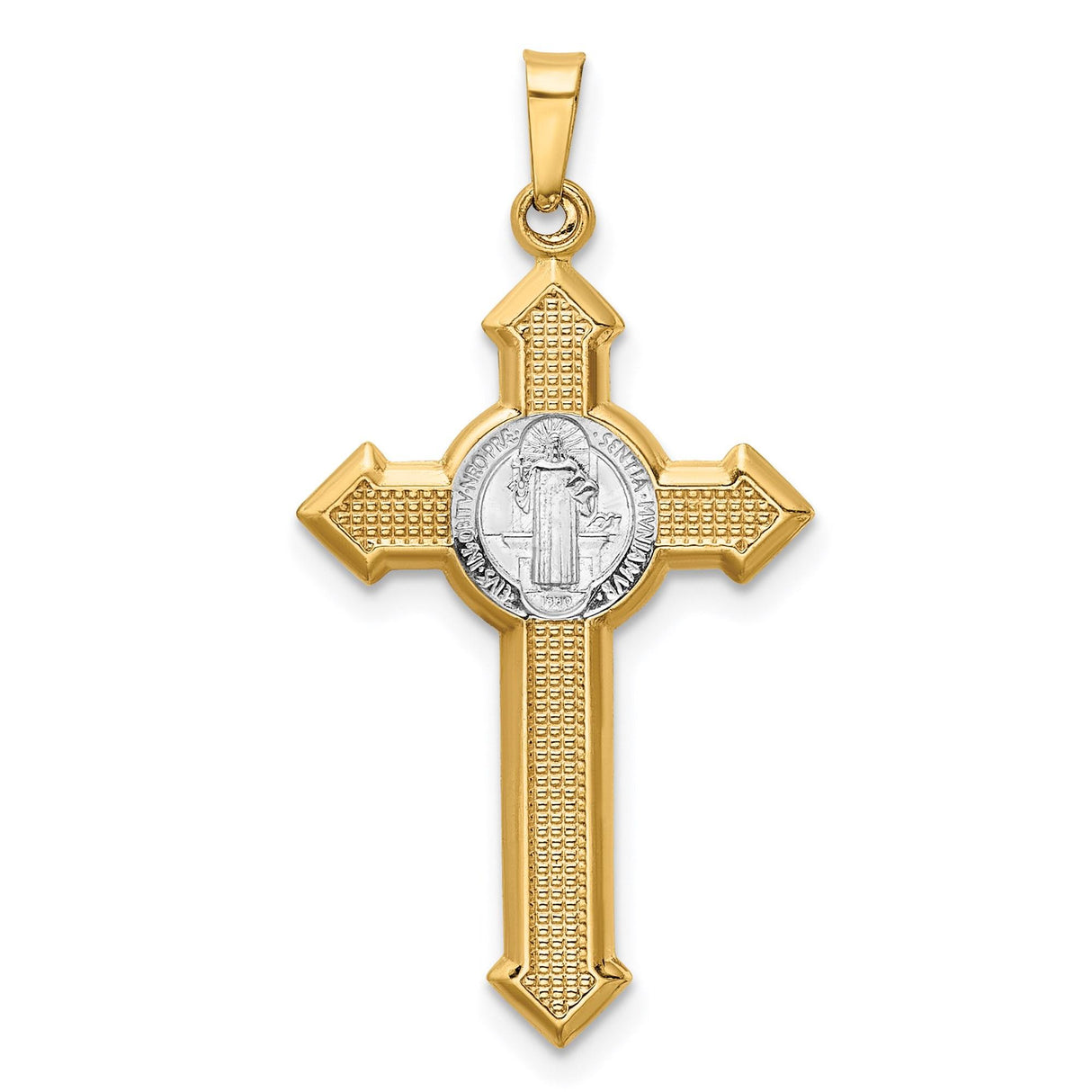 14k Two-Tone Gold Crucifix Passion Cross Pendant with Saint Benedict Medal INRI Design