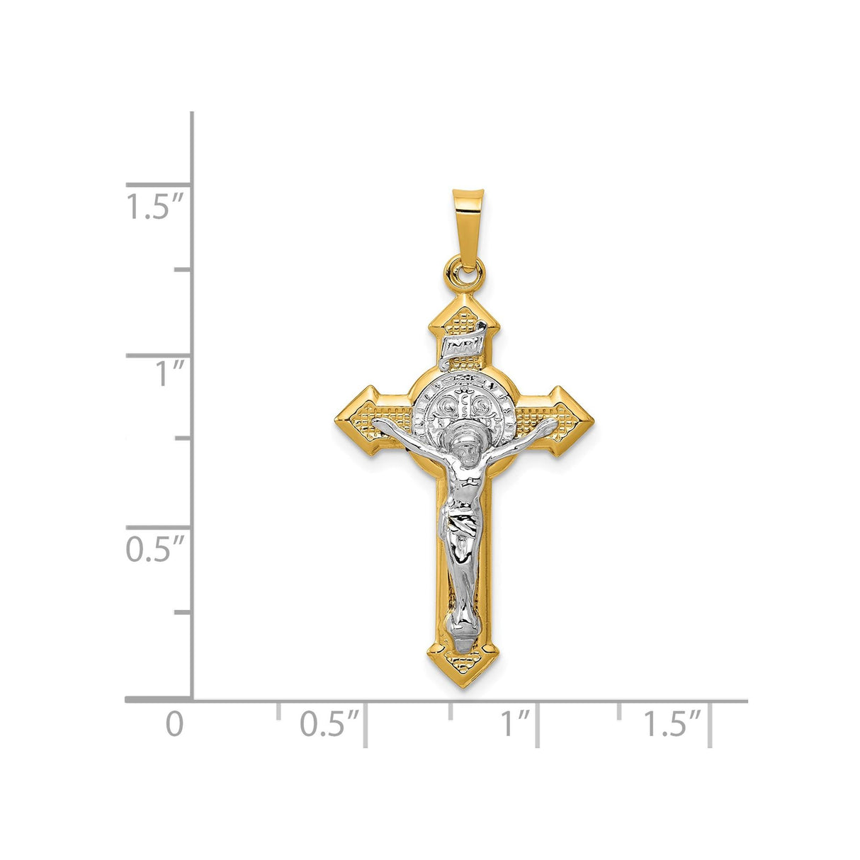 14k Two-Tone Gold Crucifix Passion Cross Pendant with Saint Benedict Medal INRI Design