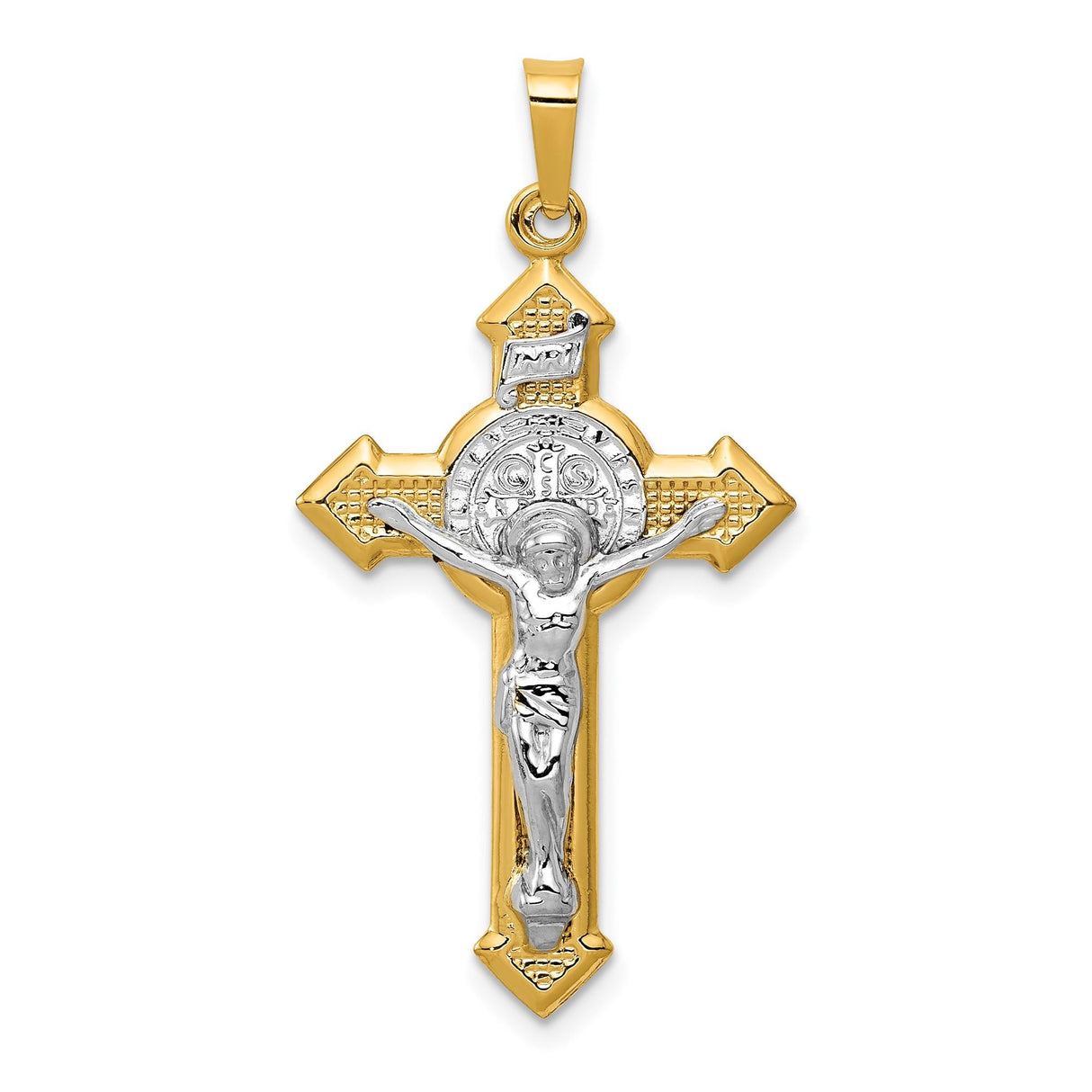 14k Two-Tone Gold Crucifix Passion Cross Pendant with Saint Benedict Medal INRI Design