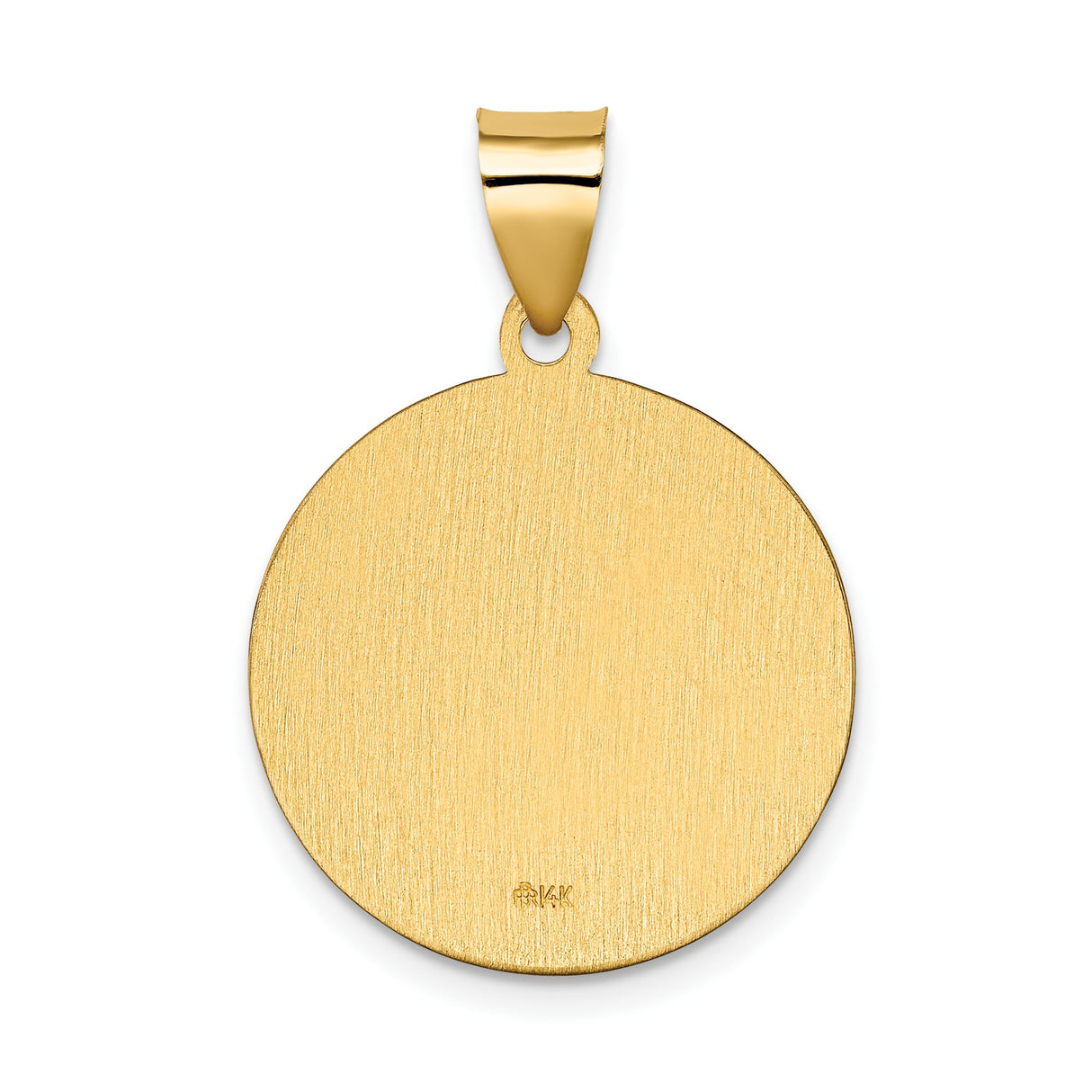 14k Yellow Gold Saint Kateri Pendant, Round Catholic Medal with Pray For Us Inscription