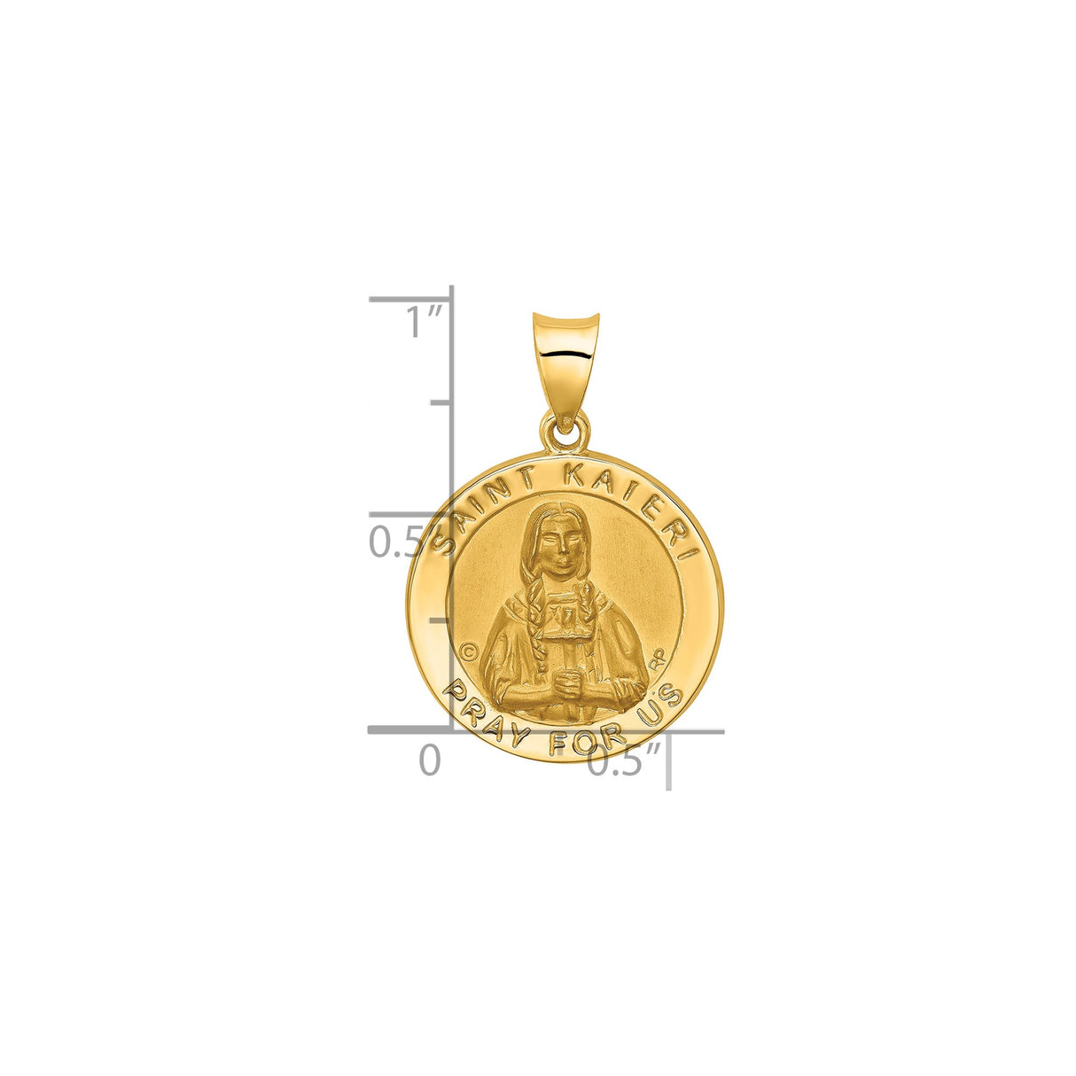 14k Yellow Gold Saint Kateri Pendant, Round Catholic Medal with Pray For Us Inscription