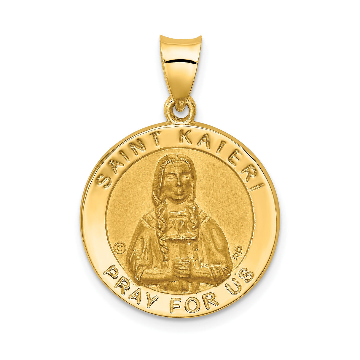 14k Yellow Gold Saint Kateri Pendant, Round Catholic Medal with Pray For Us Inscription