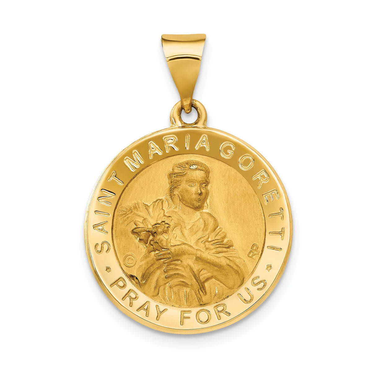 14k Yellow Gold Saint Maria Goretti Medal Pendant, Catholic Religious Charm for Women