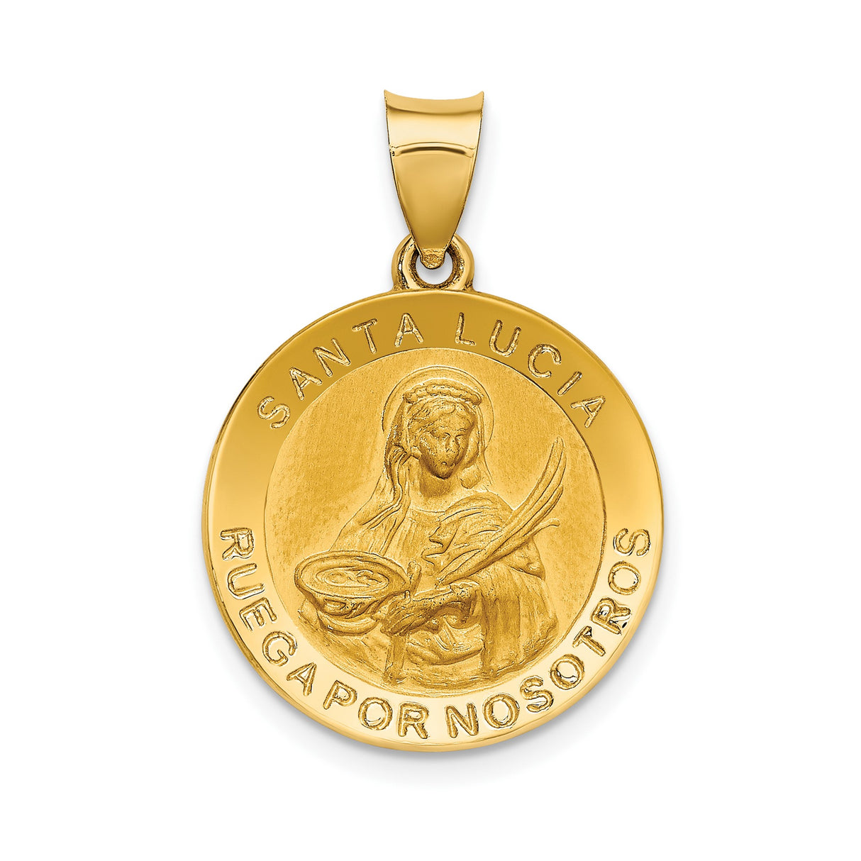 14k Yellow Gold Saint Lucia Pendant with Palm Branch, Eye Symbol, and Spanish Inscription