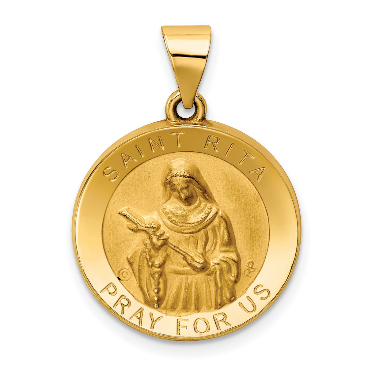 14k Yellow Gold Saint Rita Medal Pendant with Crucifix and Prayer Inscription