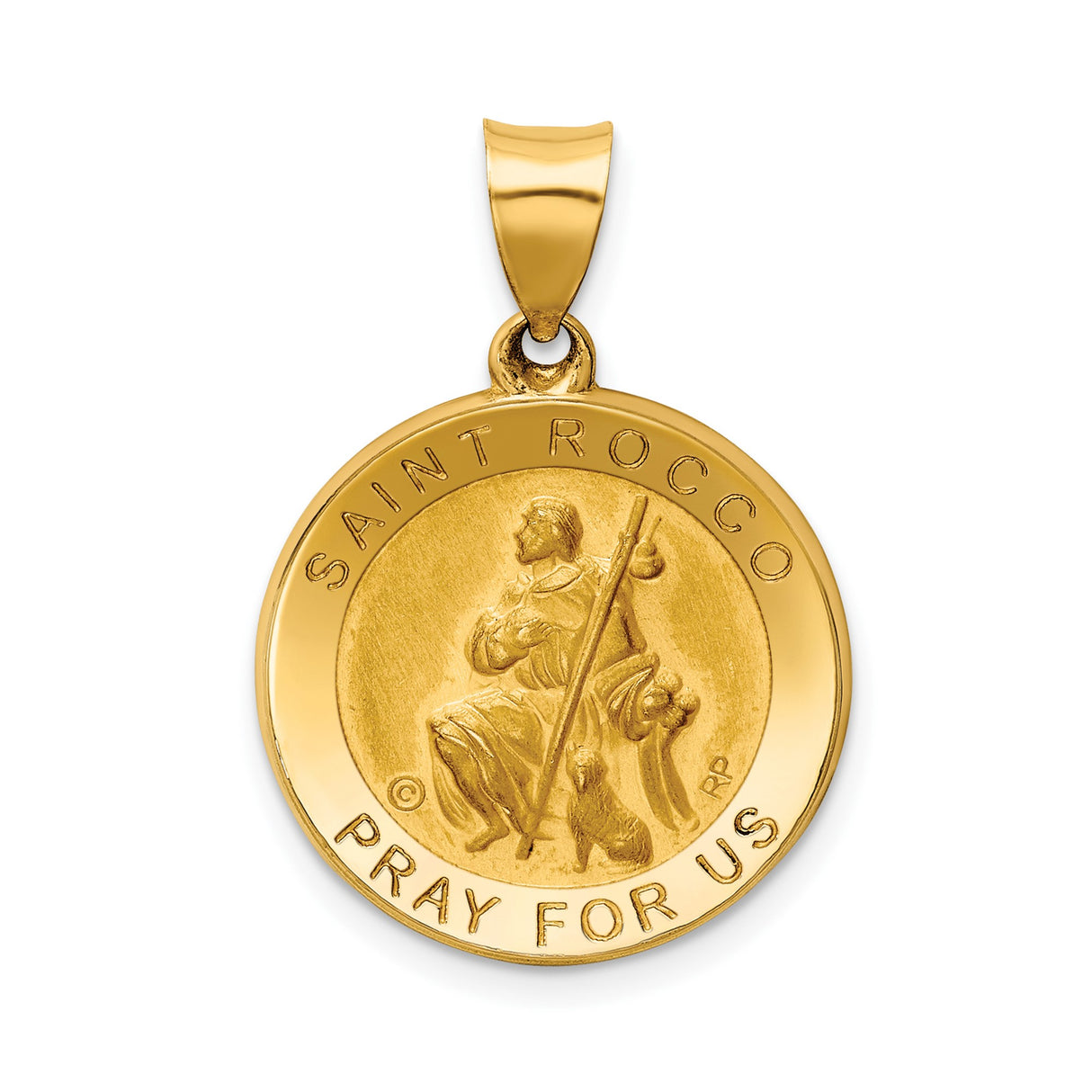14k Yellow Gold Saint Rocco Pendant with Staff and Dog, Catholic Medal Charm