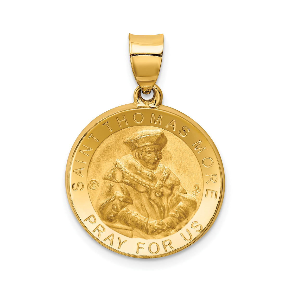 14k Yellow Gold Saint Thomas More Pendant, Catholic Religious Medal with Pray for Us Engraving