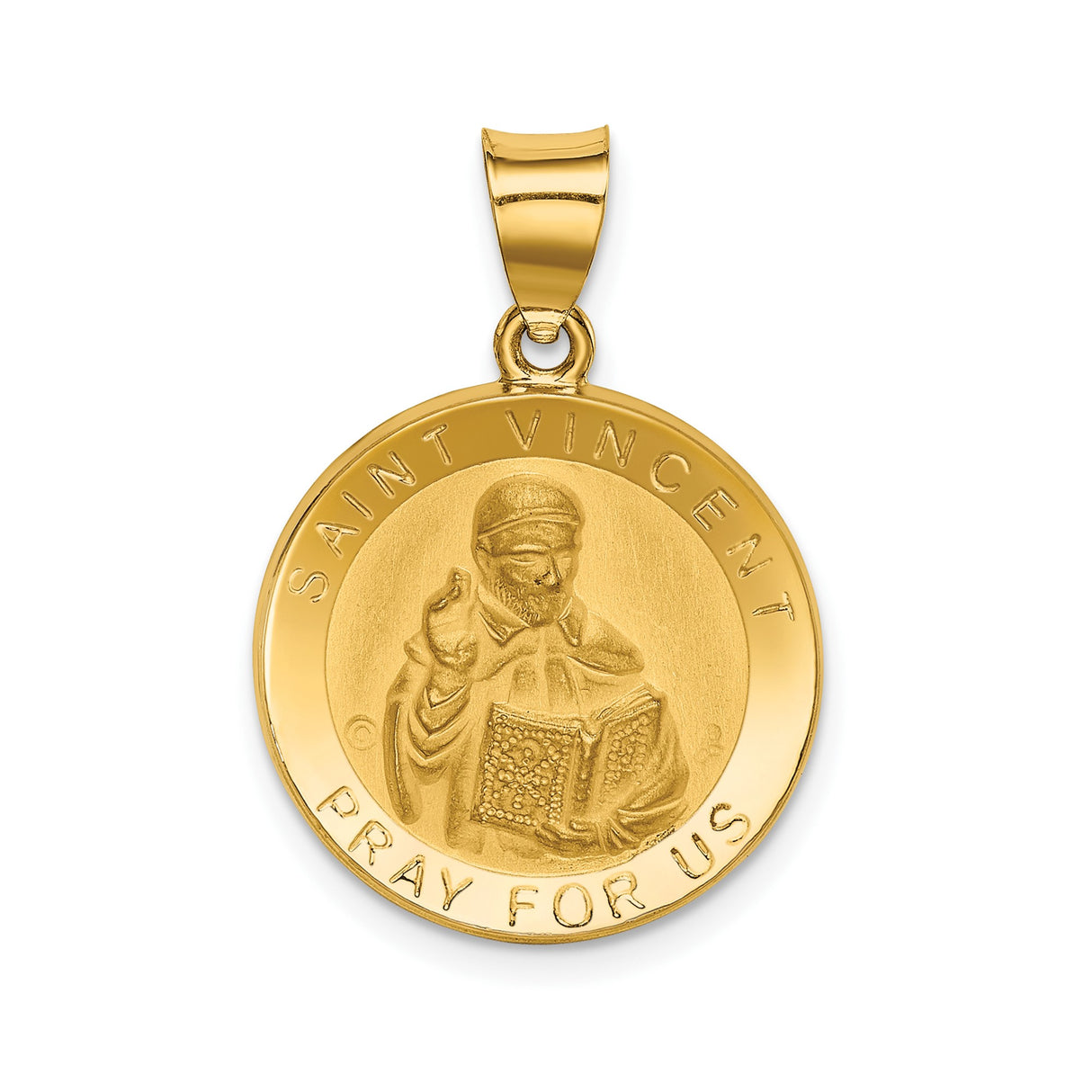14k Yellow Gold Saint Vincent Medal Pendant, Religious Charm with Pray for Us Inscription