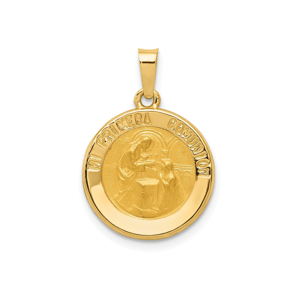 14k Yellow Gold Pendant Medal with Mi Primera Comunion Scene, Catholic Religious Jewelry for Girls