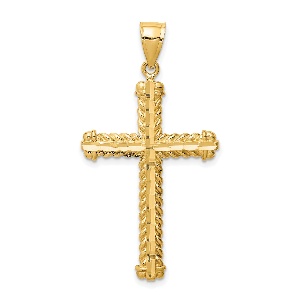 14k Yellow Gold Cross Pendant with Textured Rope Design and Polished Edges