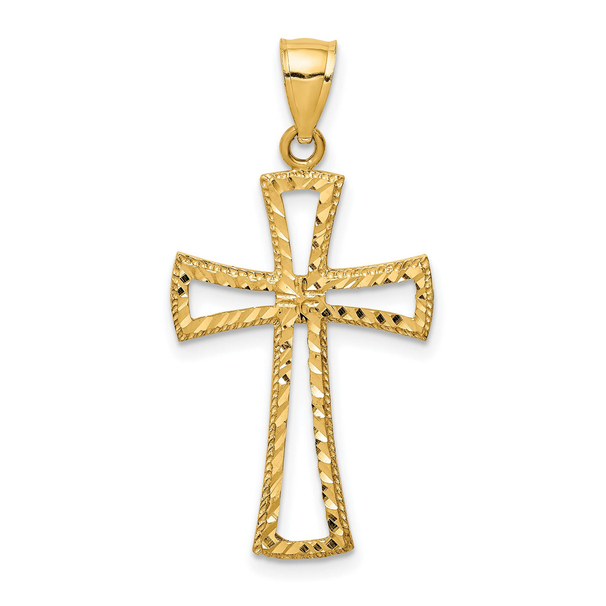 14k Yellow Gold Cross Pendant, Openwork Christian Charm with Diamond-Cut Detailing