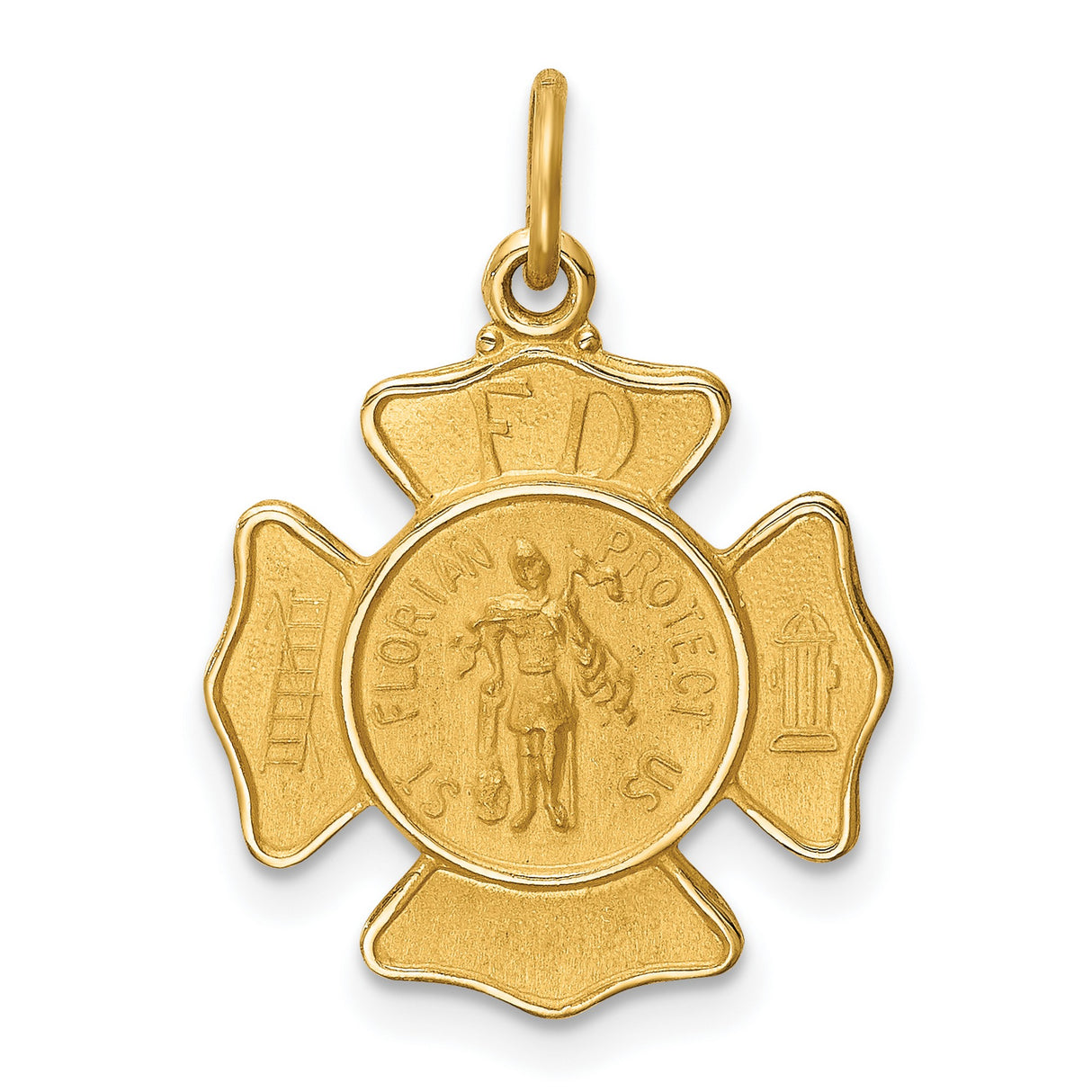 14k Yellow Gold Saint Florian Firefighter Pendant with Maltese Cross and Religious Symbols