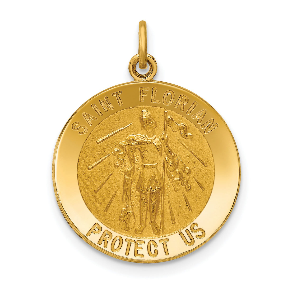 14k Yellow Gold Saint Florian Medal Pendant with Protect Us Inscription for Men or Women
