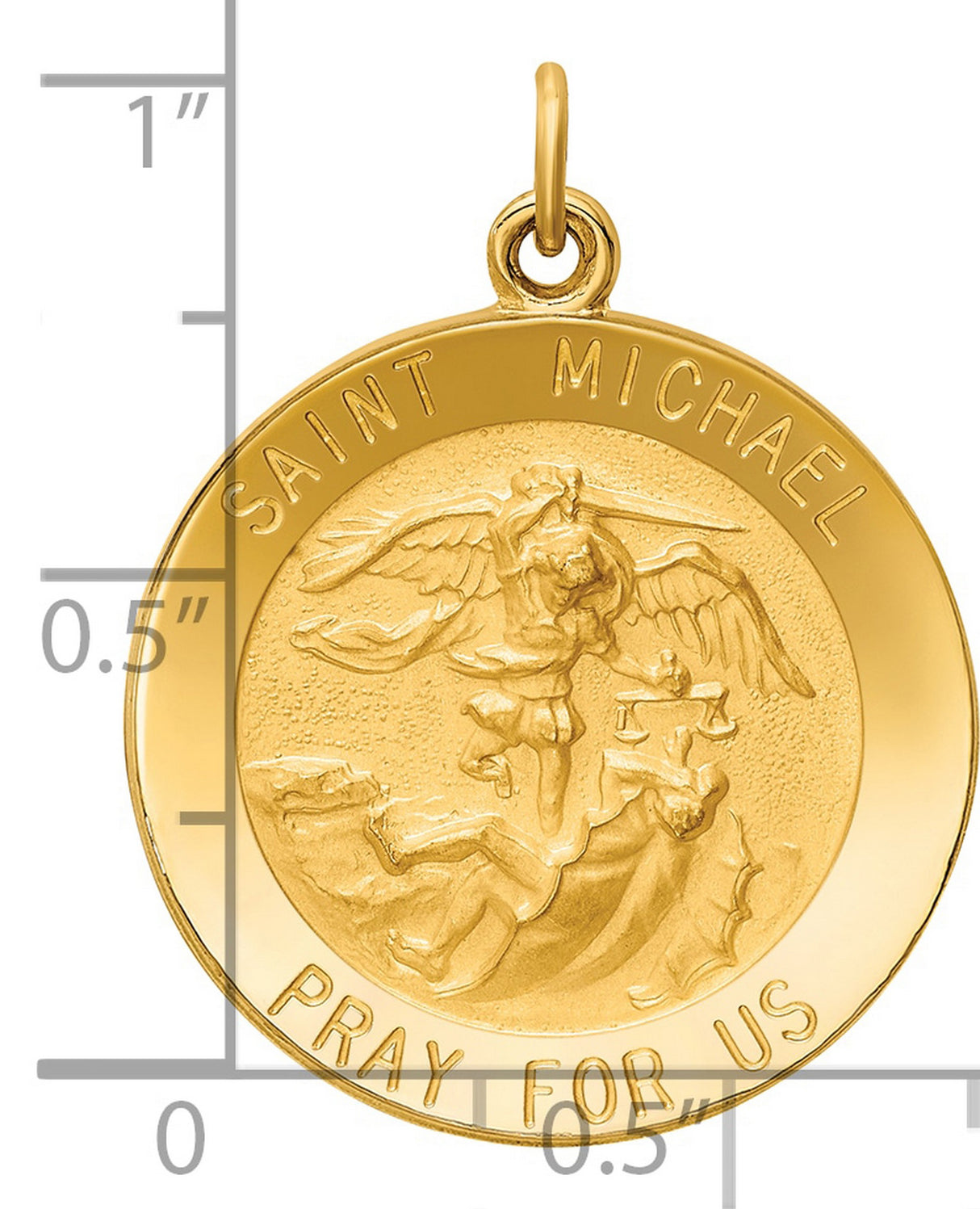 14k Yellow Gold Saint Michael Pendant, High-Relief Archangel Medal with Pray for Us Inscription