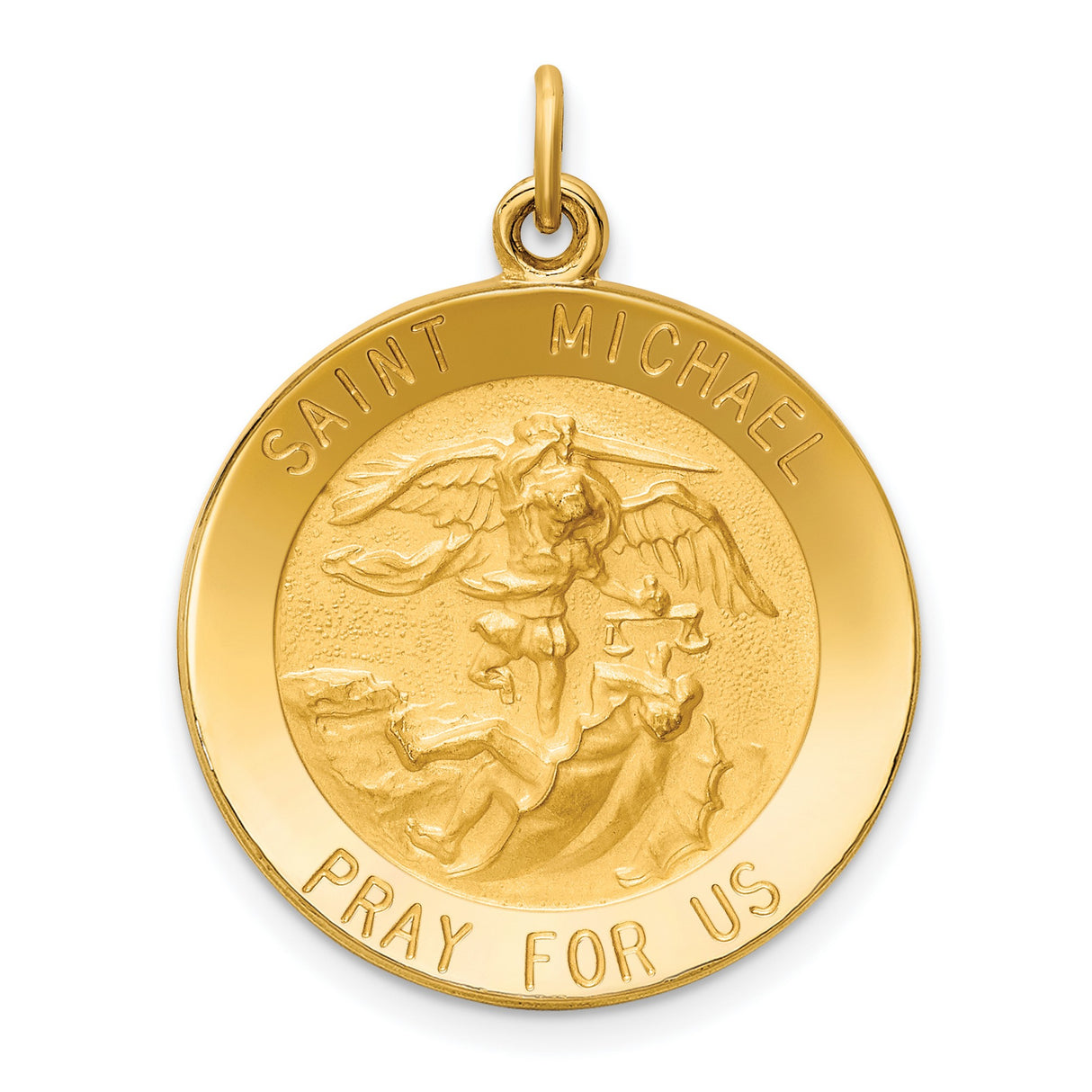14k Yellow Gold Saint Michael Pendant, High-Relief Archangel Medal with Pray for Us Inscription