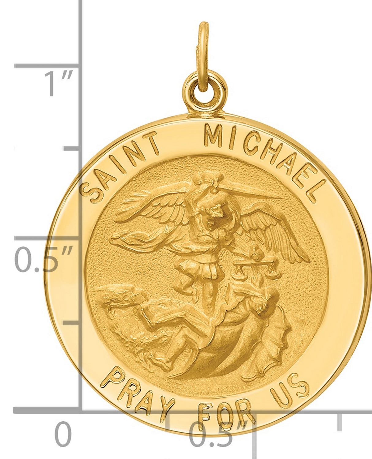 14k Yellow Gold Saint Michael Pendant Featuring Archangel Slaying Dragon, Pray For Us Engraving