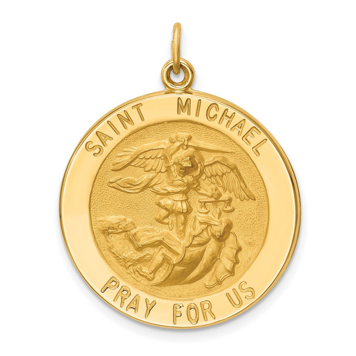 14k Yellow Gold Saint Michael Pendant Featuring Archangel Slaying Dragon, Pray For Us Engraving
