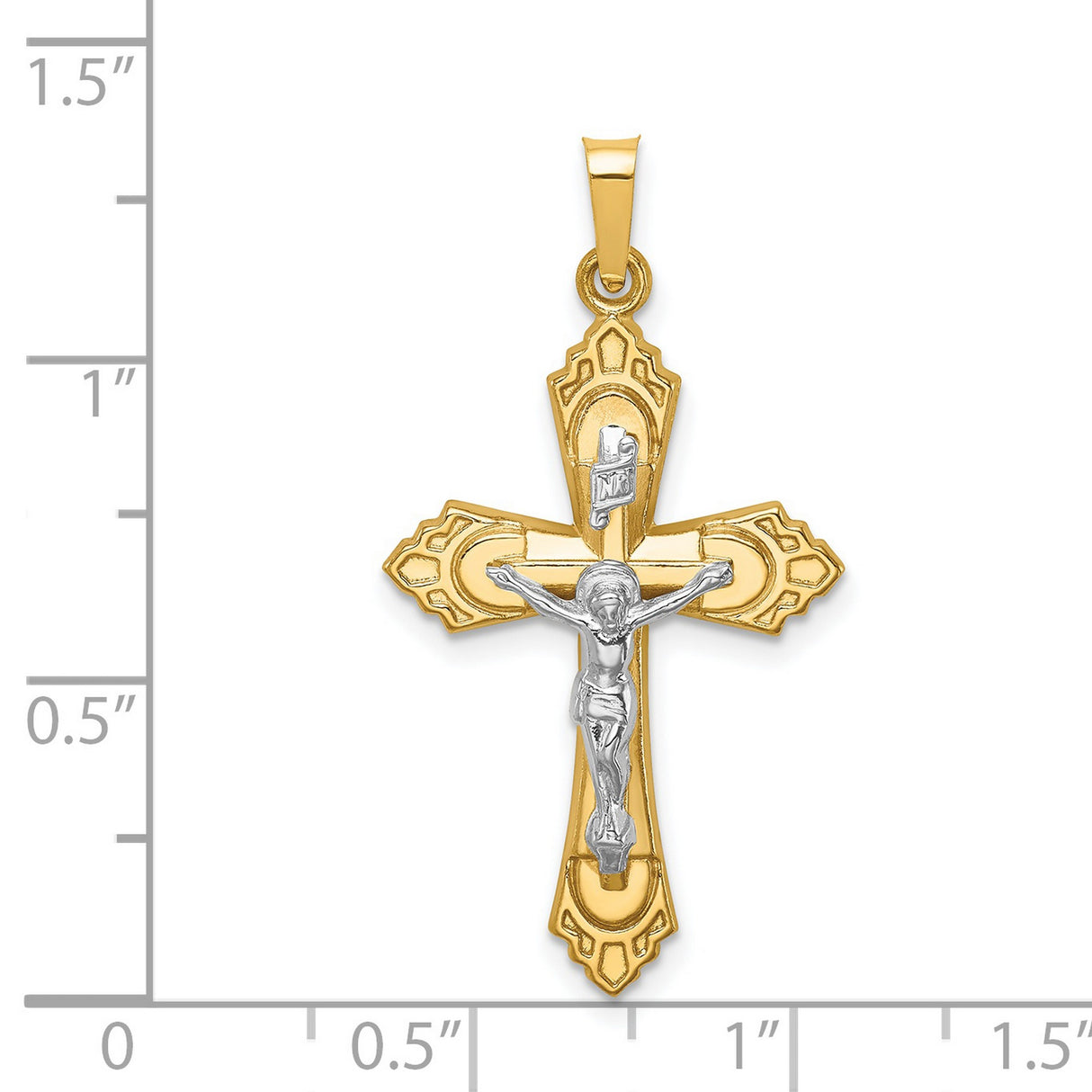 14k Multi-Tone Gold Crucifix Cross Pendant, Two-Tone Fleur de Lis, INRI Religious Design