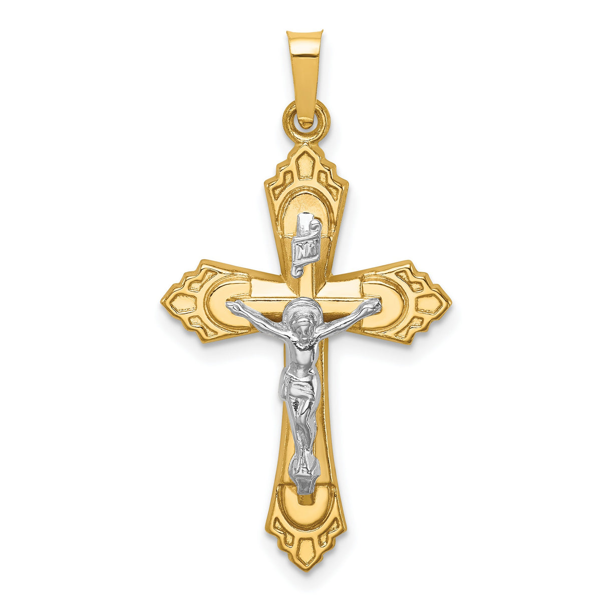 14k Multi-Tone Gold Crucifix Cross Pendant, Two-Tone Fleur de Lis, INRI Religious Design