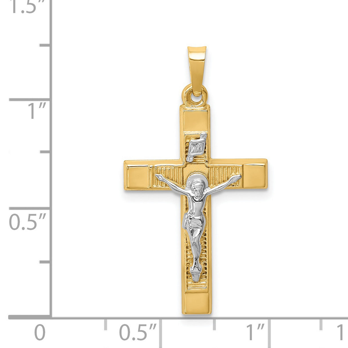 14k Two-Tone Gold Crucifix Pendant, Textured Latin Cross with INRI Jesus Symbol