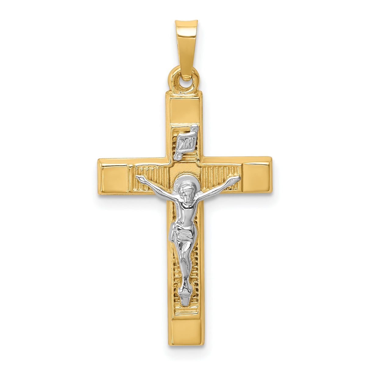 14k Two-Tone Gold Crucifix Pendant, Textured Latin Cross with INRI Jesus Symbol
