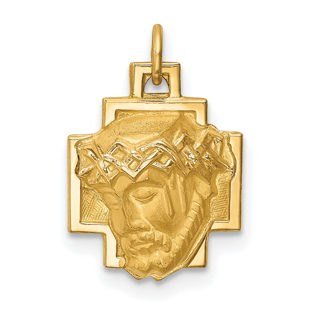 14k Yellow Gold Jesus Head Pendant with Crown of Thorns and Cross Frame