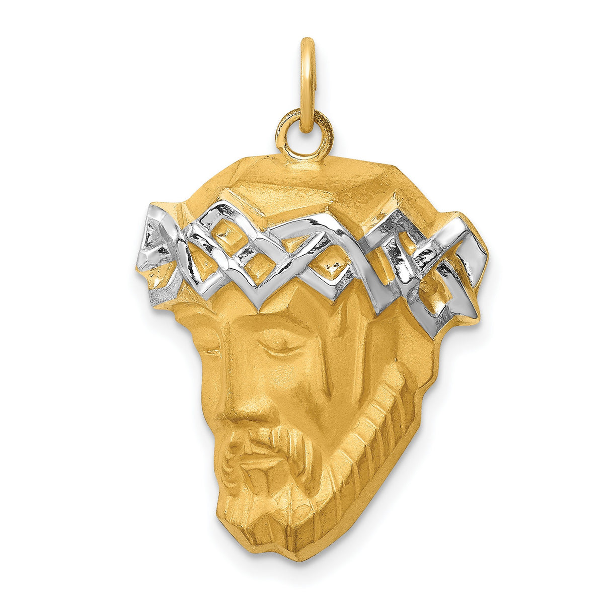 14k Multi-Tone Gold Jesus Head Pendant with Rhodium Crown of Thorns Detail