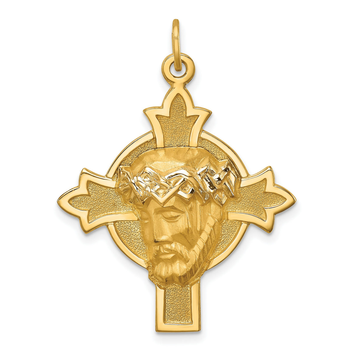 14k Yellow Gold Jesus Face Pendant on Celtic Cross, Religious Christian Charm for Men and Women