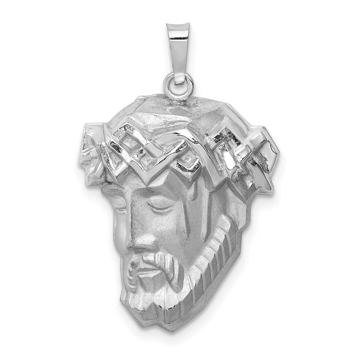 14k White Gold Jesus Head Pendant with Sculpted Christ Face and Crown of Thorns
