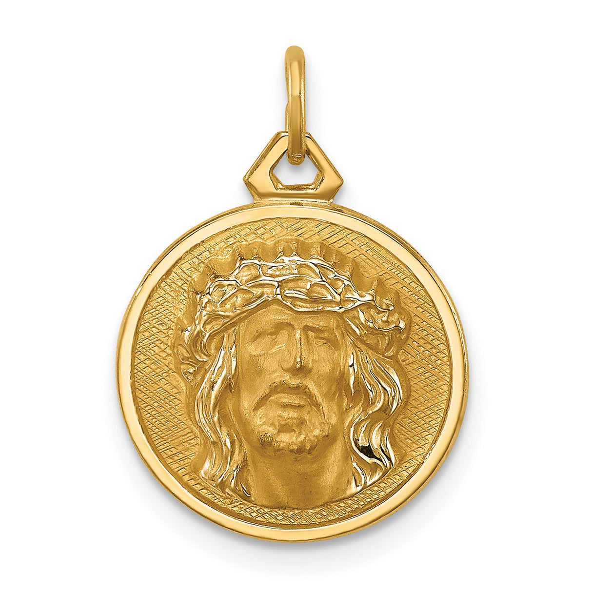 14k Yellow Gold Jesus Christ Pendant with Crown of Thorns Embossed Face Medallion