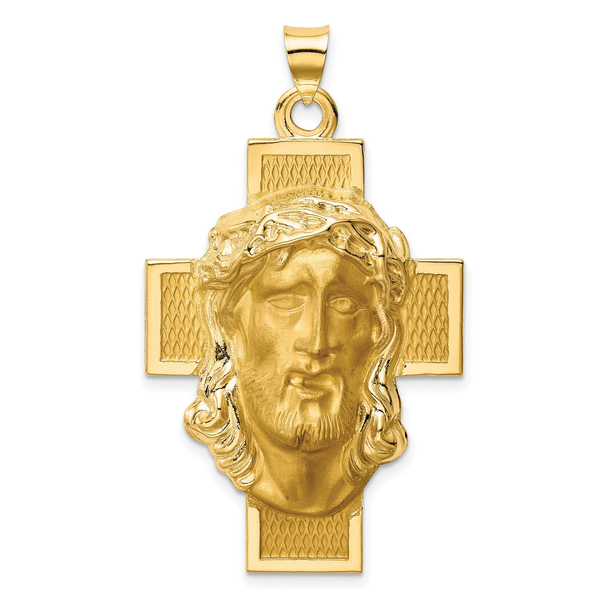 14k Yellow Gold Jesus Face Pendant on Cross with Crown of Thorns, Christian Religious Charm