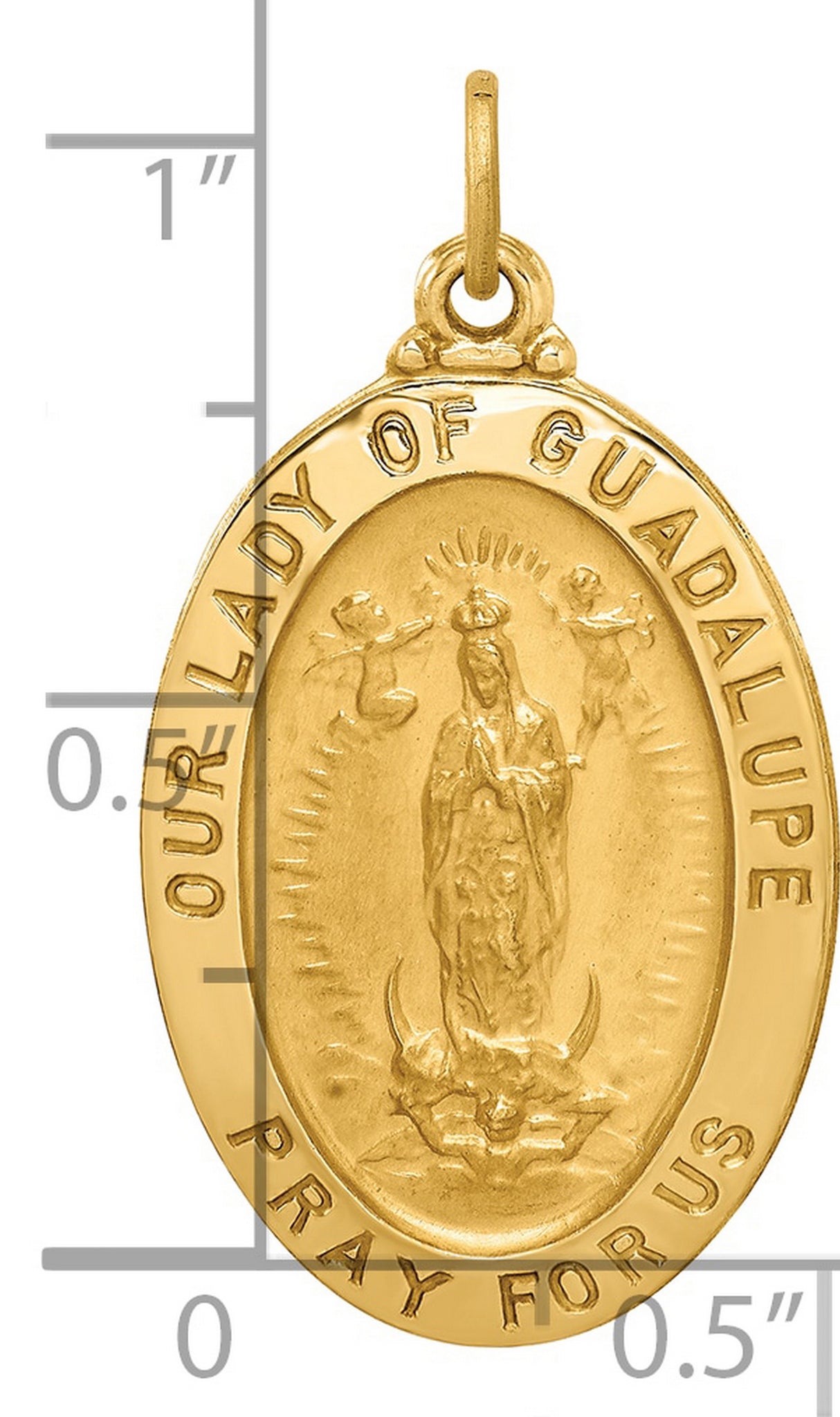 14k Yellow Gold Guadalupe Oval Pendant with Pray for Us Inscription Religious Medal